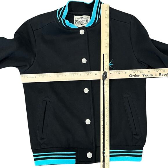 Collectif Black Blue Retro Snap Front Atomic Star Varsity Letter Jacket size XS - Picture 6 of 10